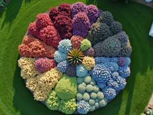 Succulent Color Wheel - Aerial view of a circular front yard design featuring succulents arranged in color gradients, from deep purples through reds and greens to blues, creating a living color wheel effect