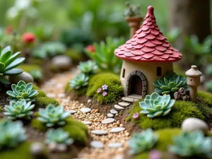 Succulent Fairy Garden - A whimsical miniature garden scene created with tiny succulents, featuring small pathways, a fairy house, and miniature accessories, captured in close-up detail