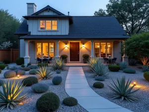 Succulent Moon Garden - Evening scene of a front yard featuring silver and white-toned succulents like ghost plants and white desert rose, with moonlight-reflecting glass mulch and subtle landscape lighting