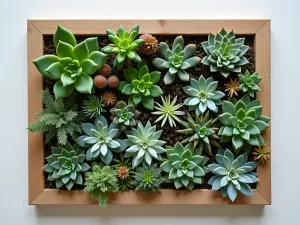 Succulent Picture Frame - Aerial view of a living picture frame filled with various succulent varieties creating a natural artwork, mounted on a small apartment wall