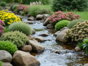 Succulent Rock Garden Stream - Natural-looking dry stream bed lined with various sedum varieties and sempervivum, accented with smooth river rocks and small boulders