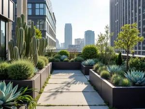 Succulent Rooftop Oasis - Wide-angle view of an urban rooftop garden filled with drought-tolerant succulents, featuring silver torch cactus and blue glow agave in modern planters