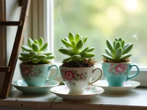 Succulent Tea Cup Garden - Vintage teacups and saucers repurposed as charming succulent planters, arranged on a small vintage ladder shelf, with soft morning light