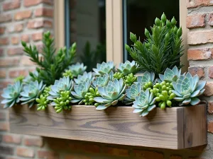 Succulent Terraced Window Garden - Close-up of a custom-built terraced window box with multiple levels, featuring drought-tolerant succulents arranged in cascading patterns