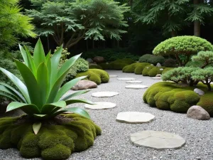 Succulent Zen Garden - Japanese-inspired garden featuring carefully placed paddle plant, zebra haworthia, and jade plants among raked gravel patterns and moss patches