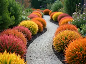 Sunrise Succulent Path - Wide angle shot of a winding garden path lined with orange, yellow, and pink succulents, including Sedum adolphii and Graptosedum 'Californian Sunset'