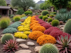 Sunset Color Gradient Garden - Wide angle view of a terraced succulent garden arranged in a gradient from yellow to orange to red, featuring Crassula, Graptosedum, and Aloe varieties, with desert landscaping elements