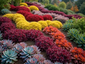 Sunset Terraced Display - Aerial view of a terraced garden with succulents arranged in sunset colors, from deep purple through red, orange, and yellow, cascading down levels