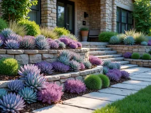 Terraced Succulent Display - A terraced front yard with multiple levels of colorful succulents, featuring Echeveria rosettes in purple and blue hues, arranged in cascading tiers with natural stone retaining walls, morning light, photorealistic