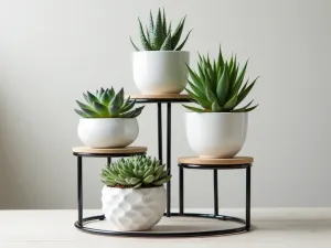 Tiered Succulent Tower - A modern three-tiered metal stand with circular platforms, each holding different varieties of succulents in matching white ceramic pots, perfect for corner spaces