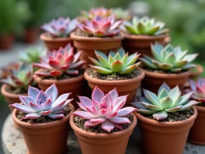 Tiered Terra Cotta Display - A three-tiered arrangement of terra cotta pots featuring colorful succulent varieties, including pink and purple Echeveria, photographed from a low angle