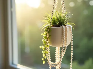 String of Pearls Cascade - Close-up view of string of pearls trailing dramatically from a hanging ceramic planter, backlit by soft sunlight, with small air plants nestled among the strands