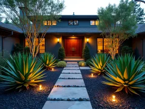 Tropical Succulent Oasis - Wide-angle view of a lush front yard combining large paddle plant succulents with dragon trees and bird of paradise, featuring volcanic rock mulch and copper landscape lighting