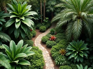 Tropical Succulent Paradise - Aerial view of a tropical garden featuring large clusters of elephant's food plant, crown of thorns, and madagascan palm mixed with tropical foliage