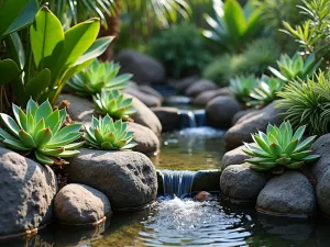 Tropical Rock Garden - Close-up of a lush tropical-inspired rock garden featuring exotic succulent varieties among volcanic rocks, with small water features and tropical foliage.