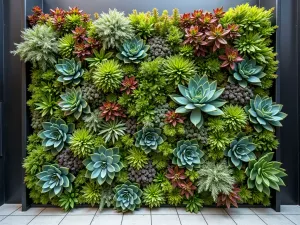 Living Succulent Wall - Wide angle shot of a vertical succulent garden wall featuring a stunning arrangement of various colored sempervivum, sedum, and crassula varieties creating a geometric pattern, indirect natural lighting