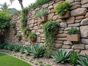 Vertical Succulent Rock Wall - Wide-angle view of a modern vertical rock wall with pocket plantings of various succulents, including String of Pearls and Burro's Tail cascading down natural stone face.