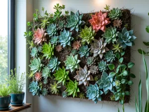 Vertical Succulent Wall Garden - A modern vertical garden wall filled with colorful succulents in geometric patterns, mounted on a small balcony wall, featuring Echeveria, Sedum, and Sempervivum in shades of blue, pink, and green, photorealistic style