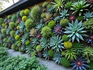 Vertical Succulent Wall - Wide-angle shot of a living wall completely covered with diverse succulents in various shades of green, blue, and purple, creating a textured tapestry effect