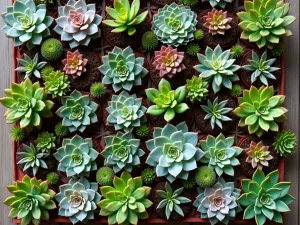 Vertical Wall Pocket Garden - An aerial view of a living wall made with fabric pocket planters, filled with colorful rosette-forming succulents, including various Echeveria and Graptoveria varieties