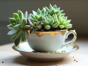 Vintage Teacup Succulent Garden - A delicate arrangement of miniature succulents in an antique porcelain teacup, featuring Echeveria elegans and Sedum morganianum spilling over the rim, with small decorative pebbles, photorealistic, soft natural lighting