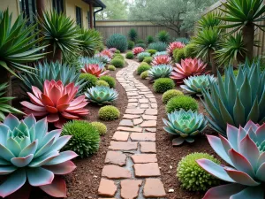 Watercolor Garden Path - Wide angle view of a meandering path through succulents arranged to look like a watercolor painting, with colors bleeding into each other naturally