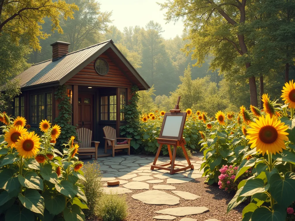 Artist's Sunflower Garden Haven - A serene garden scene with a rustic wooden art studio pavilion surrounded by a diverse collection of sunflowers in various heights and colors, from towering Russian Mammoth to shorter Teddy Bear varieties. A vintage wooden easel stands on a natural stone patio, capturing golden afternoon light. Multiple sunflower varieties create a colorful backdrop in yellow, bronze, and deep red hues. Comfortable Adirondack chairs and a small bistro set are nestled among the flowers. The garden features winding gravel paths and strategic viewing areas. Soft, natural lighting filters through the sunflower stalks, creating an impressionist-like atmosphere. Photorealistic, high detail, warm color palette.