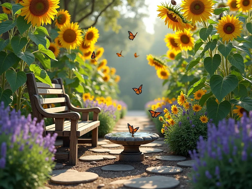 Enchanting Butterfly and Sunflower Sanctuary - A serene garden scene with tall, branching Mexican Sunflowers and classic yellow sunflowers creating a natural canopy. A rustic wooden bench sits beneath, surrounded by purple butterfly bush and lavender. A shallow, decorative stone bird bath with gently rippling water serves as a butterfly drinking station. Several Monarch and Swallowtail butterflies flutter among the flowers. Flat, sun-warmed rocks are artfully placed around the garden. The scene is captured in soft, early morning light with a dreamy, cottage garden aesthetic. Perspective is from ground level, looking up at the majestic sunflowers.