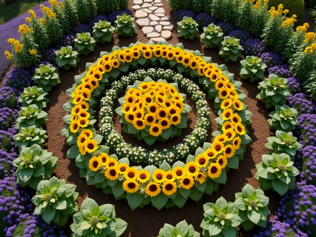 Sunflower Mandala Meditation Garden - A stunning aerial view of a circular garden design with concentric rings of sunflowers, photographed from above in bright natural sunlight. The innermost circle features dwarf sunflowers, gradually transitioning to taller varieties in outer rings, creating a mesmerizing spiral pattern. Purple lavender, white cosmos, and blue cornflowers fill the spaces between sunflower rings. The garden has natural stone pathways radiating from the center like sun rays, creating a sacred geometry pattern. The sunflowers are in full bloom, their golden petals creating a mandala-like formation against rich, dark soil. Morning dew glistens on the flowers, creating a magical atmosphere.