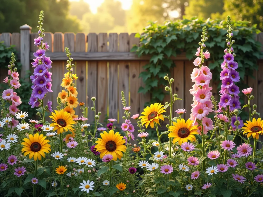 Enchanting Cottage Garden with Sunflowers - A charming and whimsical cottage garden scene in golden afternoon light, featuring tall golden sunflowers naturally scattered among purple and pink hollyhocks, white and pink cosmos, and cheerful white daisies. The flowers are arranged in informal, layered groupings with both tall and dwarf sunflower varieties creating a natural, flowing composition. A rustic wooden fence in the background is partially covered with climbing vines. The garden has a wild, romantic feel with flowers at various heights creating a dreamy, cottage-core aesthetic. Photorealistic, high detail, soft natural lighting, 4K