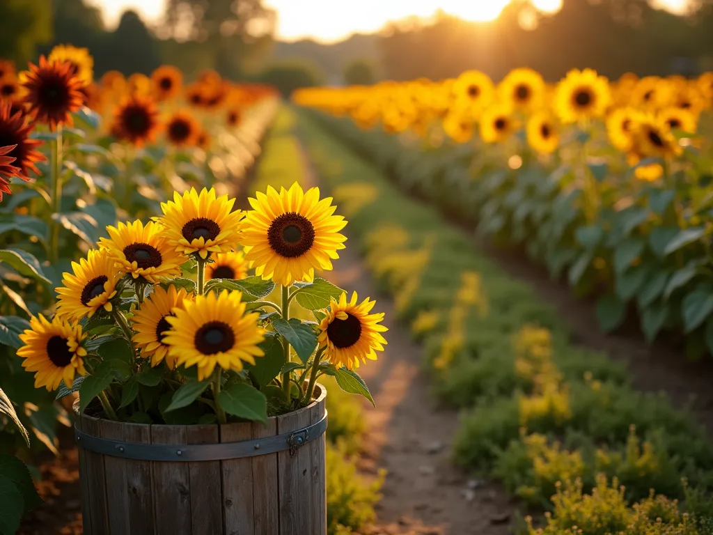 Vibrant Cut Flower Sunflower Garden - A dreamy garden scene featuring orderly rows of blooming sunflowers at different heights, photographed during golden hour. Multiple sunflower varieties ranging from deep burgundy to classic yellow, with both tall single-stem and branching types. Some flowers are in full bloom while others are just beginning to open, creating a layered, abundant look. Natural lighting casts long shadows across the neat garden rows, highlighting the professional arrangement. In the foreground, a rustic wooden basket contains freshly cut sunflowers in various stages of bloom. Soft bokeh effect in background, cinematic composition, photorealistic style.