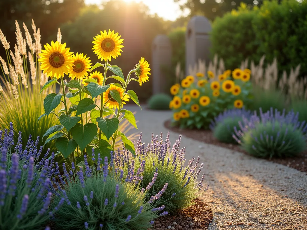 Drought-Resistant Sunflower Garden with Mediterranean Companions - A sun-drenched garden landscape with tall golden sunflowers standing proudly among swaying purple lavender and silvery sage plants. The garden features a natural, drought-resistant design with decorative gravel and wood chip mulch pathways. Warm afternoon light casts gentle shadows across the textured plants, while native grasses add movement in the background. Architectural photography style, high resolution, rich colors, and natural lighting create a serene and water-wise garden scene.