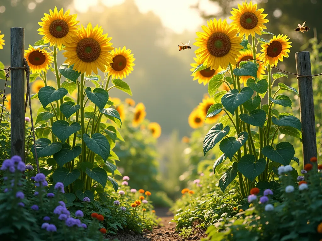 Companion Planting with Sunflowers - A lush, organic garden scene showcasing tall, golden sunflowers acting as natural trellises for climbing green beans and sweet peas. The sunflowers stand 8 feet tall with multiple blooms, their strong stalks supporting intertwining vines with purple and white pea flowers. Beneath, leafy vegetables thrive in dappled sunlight. Bees and butterflies hover around the flowers. Captured in soft evening light with a dreamy, cottage garden atmosphere. Photorealistic style with careful attention to botanical detail.