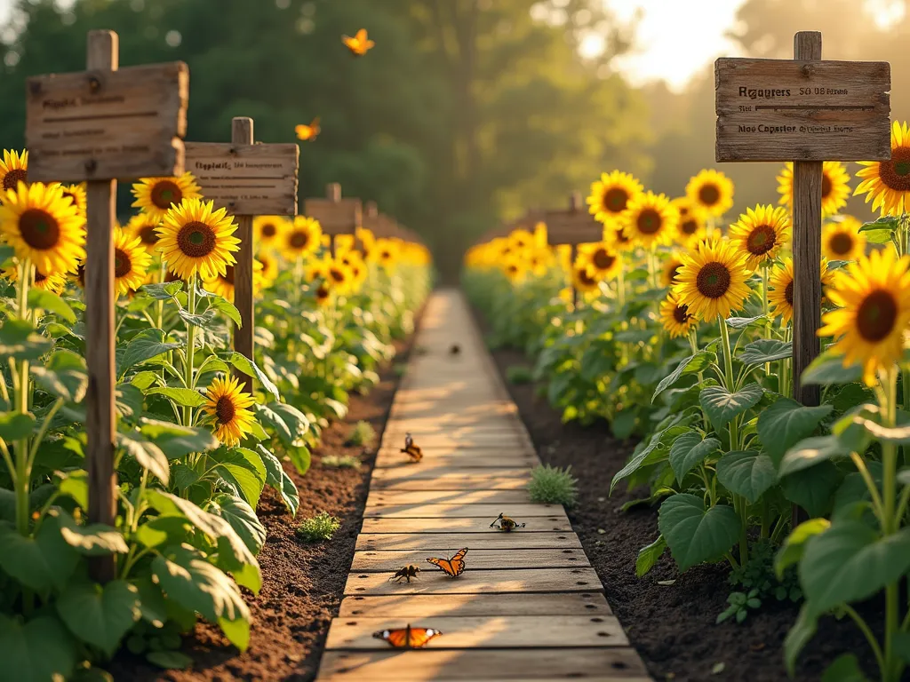 Educational Sunflower Learning Garden - A charming educational garden plot featuring rows of different sunflower varieties in various growth stages, from seedlings to full blooms. Elegant wooden stakes with botanical labels mark each variety. Natural wood observation deck with measuring marks on posts. Rustic wooden signs display educational information about plant anatomy and pollination. Monarch butterflies and bees hover around the blooms. Golden afternoon sunlight filters through the flowers. Shot from a raised perspective to show the layout. Photorealistic, editorial photography style.