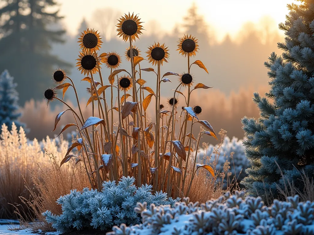 Four-Season Sunflower Garden with Winter Interest - A stunning garden landscape photo showing dried, architectural sunflower stalks with seed heads dusted in snow, surrounded by evergreen shrubs and ornamental grasses catching the golden winter light. The composition includes flowing fountain grass and compact blue spruce, creating layers of texture. The dried sunflower heads stand majestically against a soft winter sky, with their distinctive silhouettes providing striking vertical elements. Photographed in a naturalistic style with dramatic side lighting emphasizing the garden's structural elements and winter beauty. Hyper-realistic, detailed, professional garden photography.