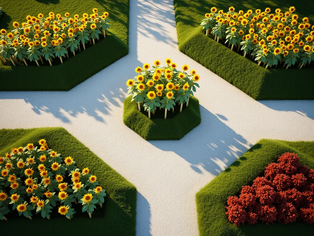 Modern Geometric Sunflower Garden - A stunning aerial view of a modern geometric garden design featuring multiple hexagonal and triangular beds filled with blooming sunflowers of varying heights and colors. Crisp white gravel pathways separate each geometric section, creating clean lines and a contemporary pattern. Tall yellow Mammoth sunflowers occupy one section, while copper-colored Autumn Beauty sunflowers fill another, and deep red Chocolates populate a third section. The geometric pattern casts subtle shadows across the pristine gravel paths, photographed in bright morning sunlight with a slight artistic blur in the background. Photorealistic, high detail, architectural garden design.