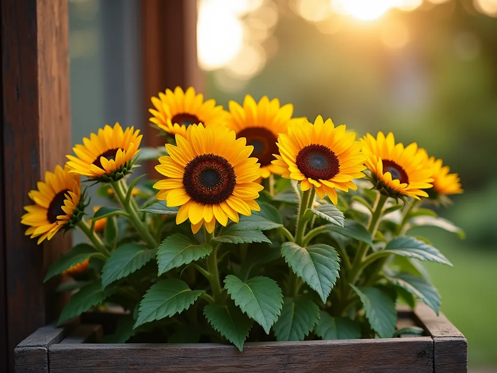 Charming Dwarf Sunflower Garden Display - A magical garden vignette featuring a neat arrangement of dwarf sunflowers in a rustic wooden window box, shot during golden hour. Multiple cheerful 'Sunny Smile' and 'Little Becka' sunflowers at varying heights between 12-24 inches create a whimsical circular pattern. The compact blooms showcase rich yellow and burgundy bi-colored petals against lush green foliage. Soft bokeh effect in background, with natural sunlight filtering through the flowers, creating a warm, enchanting atmosphere. Photorealistic, high detail, shot with a Canon EOS R5, f/2.8 aperture.