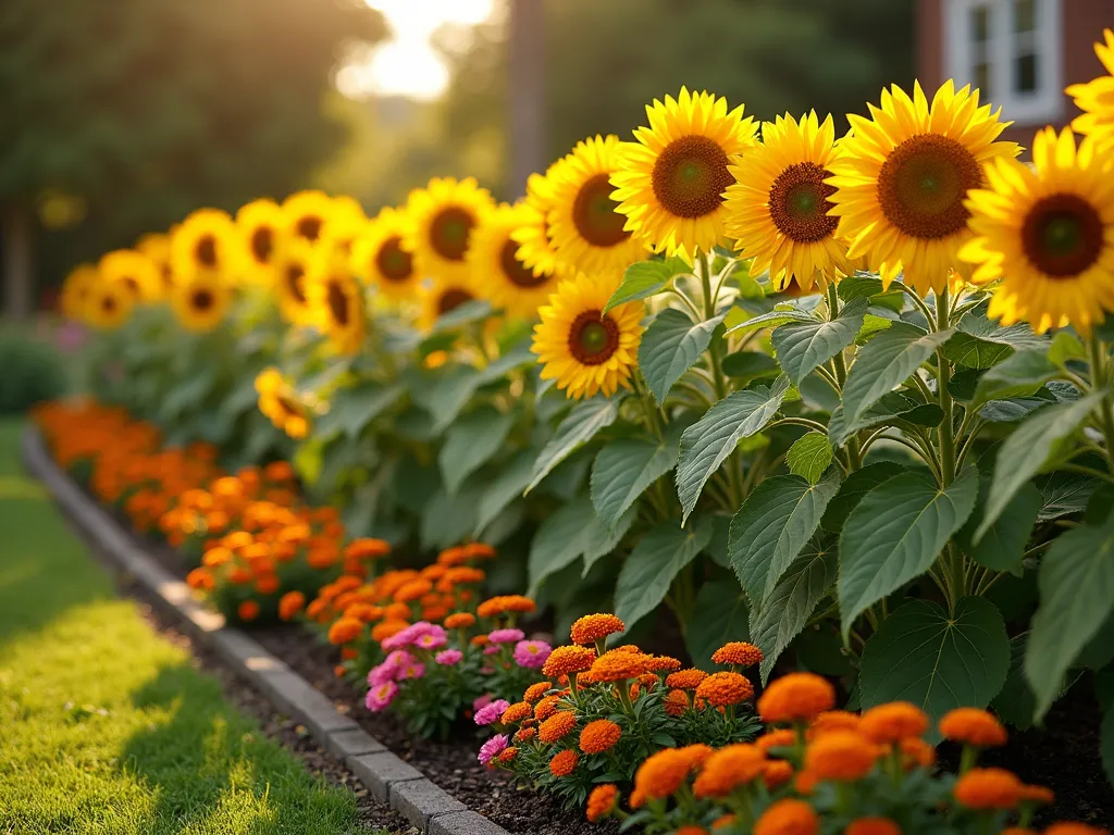 Mixed Height Sunflower Border Garden - A stunning garden border photographed in golden evening light, featuring a graduated arrangement of sunflowers from tall to short. Giant 8-foot sunflowers with massive blooms create a dramatic backdrop, transitioning to medium-height varieties in the middle, and dwarf sunflowers in front. Vibrant orange and pink zinnias and golden marigolds fill the spaces between, creating a lush, layered effect. The flowers cascade in height like a natural amphitheater, with rich garden soil visible in small patches. Photorealistic, high detail, soft bokeh background, f/2.8 depth of field, warm summer lighting.