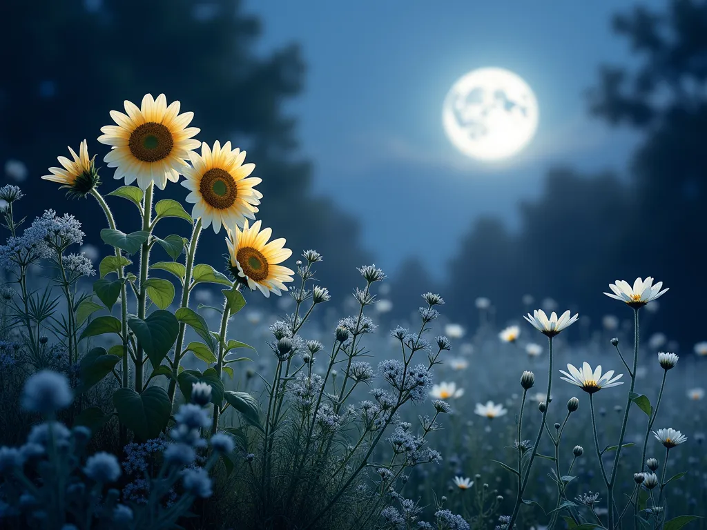 Ethereal Moonlit Sunflower Garden - A dreamy nighttime garden scene illuminated by moonlight, featuring tall Italian White and Moonwalker sunflowers with pale yellow and cream-colored blooms that seem to glow against a deep blue twilight sky. Silver-leaved Dusty Miller and Artemisia plants create a misty ground cover, while white cosmos and luminous white flowering tobacco sway gently in the background. Soft moonbeams filter through the flowers, creating an ethereal, enchanting atmosphere with gentle shadows. Photorealistic, cinematic lighting, magical atmosphere.