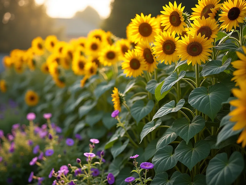 Natural Sunflower Privacy Screen - A stunning garden scene featuring a dense row of towering golden sunflowers creating a natural privacy screen, photographed in warm afternoon light. Multiple varieties of sunflowers at different heights, ranging from 8-12 feet tall, stand majestically with their faces turned towards the sun. Purple morning glory vines elegantly weave between the thick sunflower stalks, filling gaps with their heart-shaped leaves and trumpet flowers. The screen appears lush and full, with layers of blooming sunflowers at different stages. Soft bokeh effect in foreground showing shorter garden plants, cinematic lighting highlighting the golden petals against a slightly blurred background. Photorealistic, highly detailed, professional garden photography style.