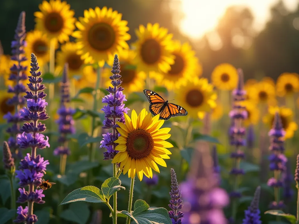 Pollinator Paradise Sunflower Garden - A vibrant summer garden scene photographed during golden hour, featuring tall Russian sunflowers mixed with branching Mexican sunflowers in varying heights. The foreground showcases clusters of blooming lavender and native purple coneflowers. Several monarch butterflies and honey bees are visiting the flowers. Soft bokeh effect in background with butterfly bush creating depth. Captured with dramatic natural lighting highlighting the rich yellows, purples, and natural garden textures. Photorealistic style, rich colors, magical garden atmosphere.