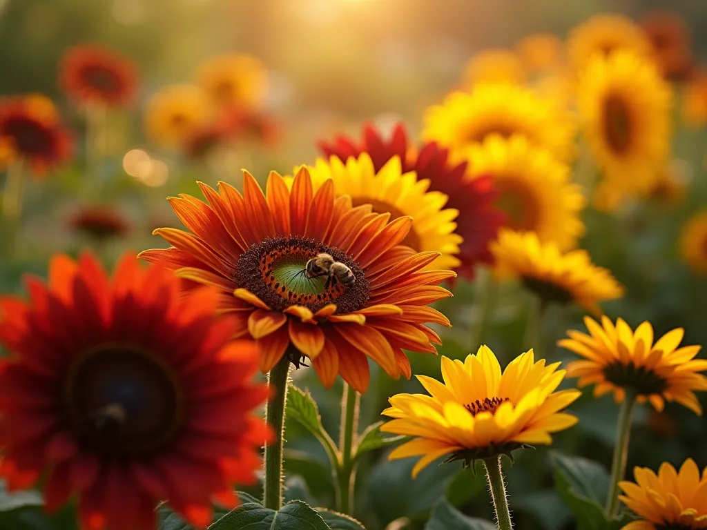 Rainbow Sunflower Border Garden - A stunning garden border photographed in golden evening light, featuring a perfectly arranged progression of sunflowers creating a natural rainbow effect. In the foreground, deep burgundy 'Chocolate Cherry' sunflowers transition into rich orange 'Autumn Beauty' varieties, finally blending into pale yellow 'Lemon Queen' sunflowers in the background. The flowers are in full bloom, with varying heights creating a gentle wave pattern. The sunflowers are complemented by natural garden bokeh and subtle lens flare, shot in a professional botanical photography style. Hyperrealistic detail of the flower petals and centers, with bees visiting the blooms.