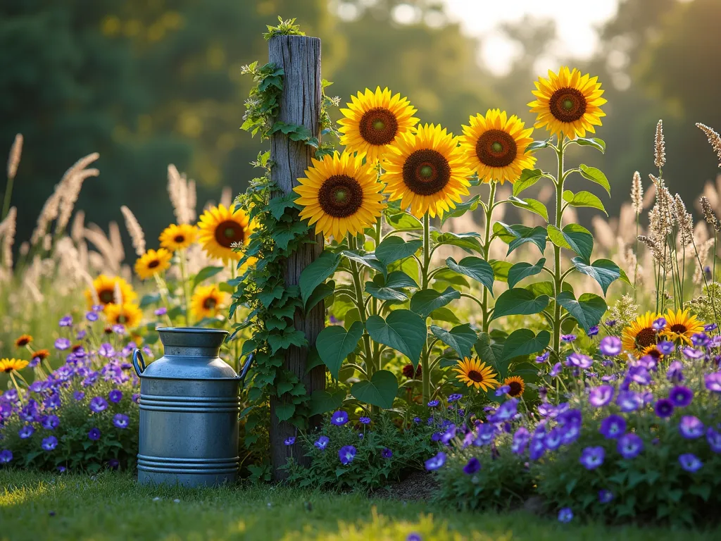 Rustic Sunflower Border with Wildflowers - A photorealistic garden scene featuring tall golden sunflowers arranged in a casual, country-style border alongside purple coneflowers, black-eyed susans, and flowing ornamental grasses. An old weathered wooden fence post stands among the flowers, draped with morning glory vines. Soft evening sunlight filters through the scene, creating a warm, pastoral atmosphere. The garden has a naturally scattered, self-seeded appearance with flowers at various heights. An antique metal milk can sits partially hidden among the wildflowers. Composition in landscape orientation with shallow depth of field.