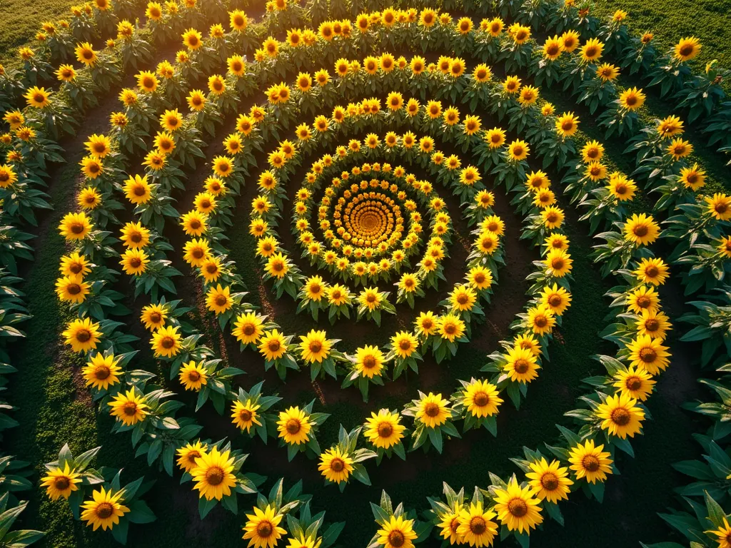 Spiral Sunflower Garden from Above - Aerial view of a mesmerizing spiral garden design featuring concentric circles of blooming sunflowers, photographed from above. The spiral pattern starts with small dwarf sunflowers in warm yellows at the center, gradually transitioning to progressively taller varieties in the outer rings. Golden afternoon sunlight casts gentle shadows across the geometric pattern, highlighting the mathematical precision of the spiral design. The flowers face upward, creating a hypnotic mandala-like pattern with varying heights and sizes. Lush green foliage fills the spaces between blooms, adding depth and texture to the artistic garden layout.