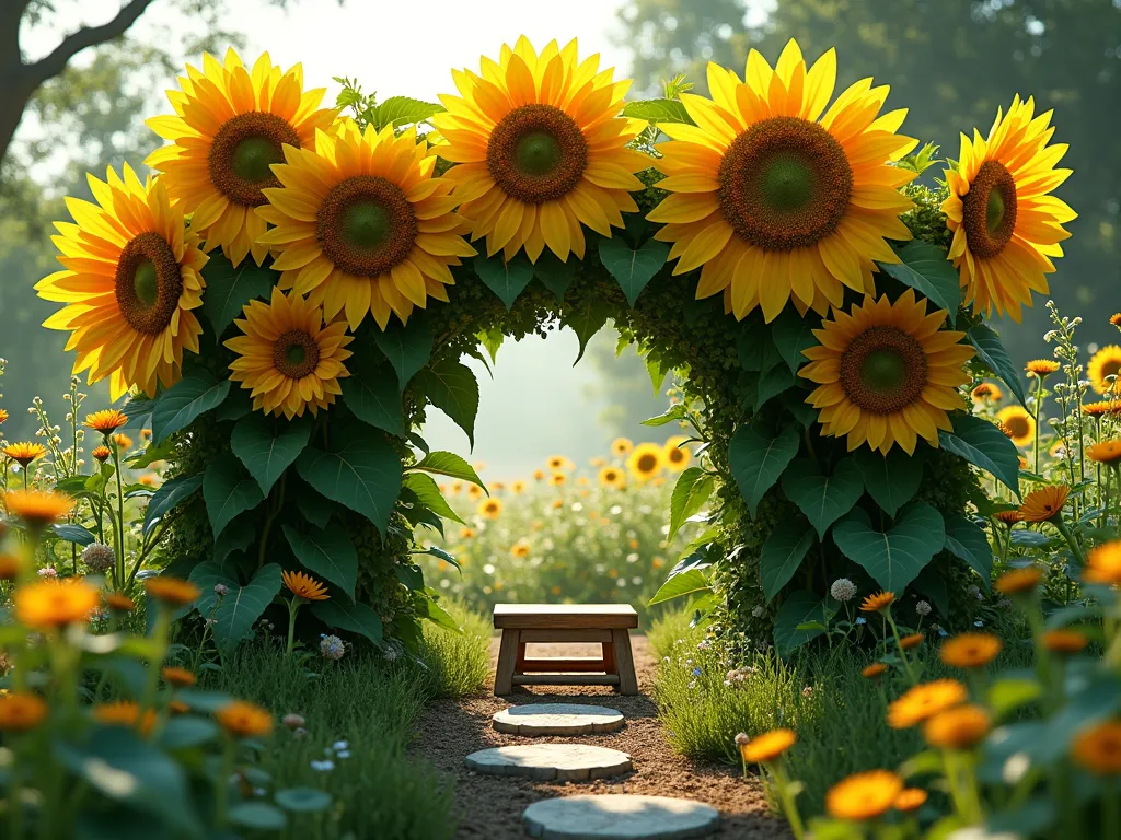 Whimsical Sunflower Children's Playhouse - A magical garden scene featuring a natural playhouse made of towering golden sunflowers arranged in a square formation, with a charming archway entrance. The sunflowers, standing 8-10 feet tall, create living walls with their thick green stalks and massive yellow blooms facing inward. Climbing green bean vines weave between the sunflowers, creating a lush, enclosed space. Dappled sunlight filters through the flower heads, casting enchanting shadows on the ground. A small child's wooden stool sits inside the natural fortress, with scattered wildflowers and stepping stones leading to the entrance. The scene is captured in a dreamy, cottage-core style with soft natural lighting and ethereal atmosphere.