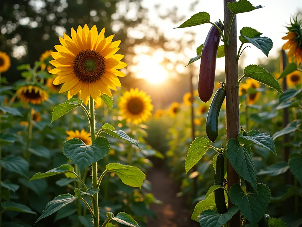 Harmonious Sunflower Companion Garden - A lush garden photographed during golden hour, featuring tall majestic sunflowers as natural trellises. Purple pole beans gracefully climb the sturdy sunflower stalks, while cucumber vines spread below. The scene is captured from a slight low angle, showing the natural layering of plants. Dappled sunlight filters through the sunflower leaves, creating a magical atmosphere. The garden demonstrates perfect companion planting harmony, with vegetables thriving in the partial shade provided by the sunflowers. Photorealistic style, rich colors, high detail, soft natural lighting.