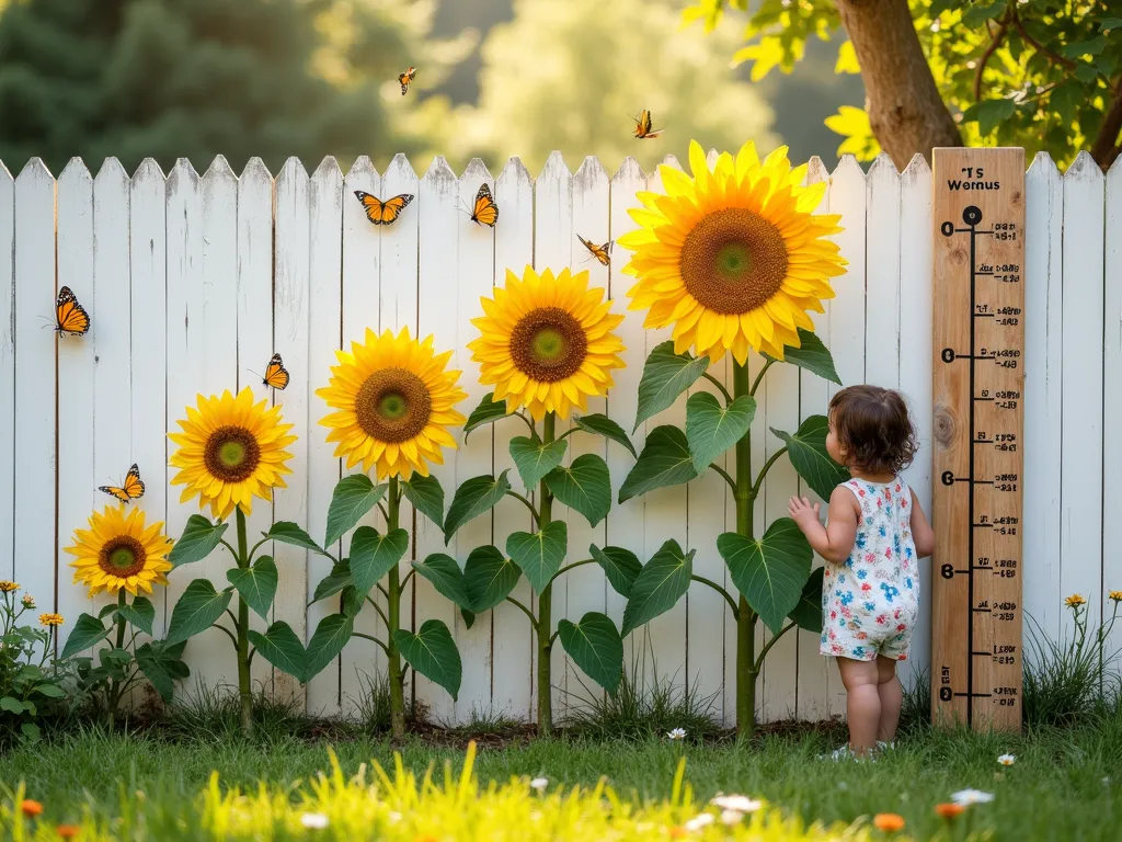 Sunflower Growth Chart Garden - A charming garden scene with sunflowers of varying heights planted in ascending order against a white picket fence, creating a natural growth chart. From left to right: dwarf sunflowers at 2 feet, medium varieties at 4-6 feet, and tall varieties reaching 8-12 feet. A rustic wooden measuring stick with height markings leans against the fence. A small child stands next to the sunflowers, measuring themselves. The scene is captured in warm, golden afternoon light, with butterflies fluttering around the sunflower heads. The garden has a whimsical, cottage-core aesthetic with a natural, lived-in feel.