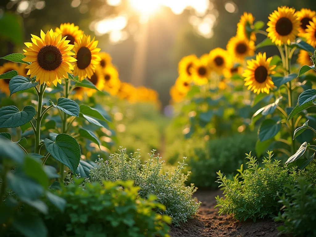 Sunflower and Herb Garden Companion Planting - A lush garden scene featuring tall, golden sunflowers towering above a beautifully arranged herb garden, shot during golden hour. Mediterranean herbs like basil, oregano, and thyme grow in neat clusters around the sunflower stems, their varying textures and green hues creating a tapestry effect. Dappled sunlight filters through the sunflower leaves, creating natural shade patterns on the herbs below. The composition is captured from a low angle, showing the harmonious relationship between the tall sunflowers and the aromatic herbs beneath. Soft bokeh effect in background, photorealistic style, with rich details and natural lighting.