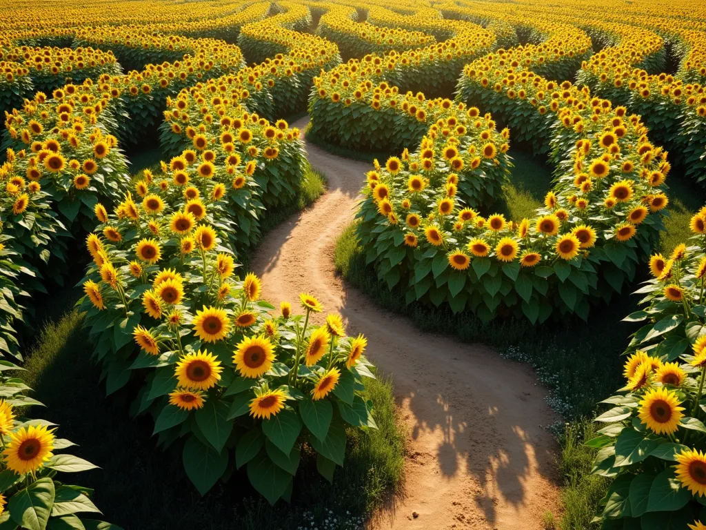 Enchanting Sunflower Maze Garden - A dreamy aerial perspective of a winding garden maze created with towering Mammoth sunflowers in full bloom, standing 12 feet tall. Natural dirt pathways curve gracefully between the dense walls of golden sunflowers, creating an immersive labyrinth pattern. Warm afternoon sunlight filters through the flowers, casting dappled shadows on the paths below. The sunflowers are neatly supported by natural wooden stakes and twine, arranged in precise rows. The maze pattern is organic and flowing, with occasional wider spaces where multiple paths meet, creating intimate garden rooms. The surrounding landscape shows smaller patches of wildflowers and natural prairie grasses, photorealistic style, cinematic lighting.