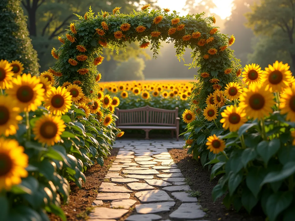 Sunflower Photography Garden Paradise - A professionally landscaped garden designed for photography, featuring majestic sunflowers of varying heights arranged in cascading tiers. In the foreground, a winding stone pathway leads through mixed-height sunflowers from 3 to 12 feet tall, including classic yellow, burgundy, and cream varieties. Natural wooden arches covered with climbing mini sunflowers frame the path. Professional photography lighting during golden hour, creating a dreamy atmosphere with soft, warm light filtering through the sunflower petals. Decorative vintage-style bench placed strategically for photo opportunities. Hyperrealistic, high detail, soft bokeh effect in background, 8k resolution.